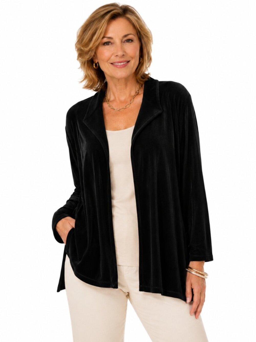 2/$30 Chico's Travelers Black Open Waterfall Soft Draped Front Jacket Sz 0 (S)